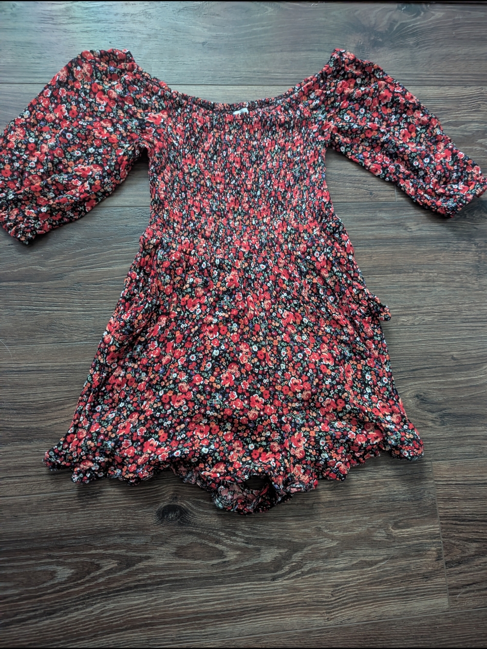 Blue Rain Red Floral Smocked Romper Dress with Puff Sleeves